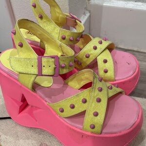 Demonia Pink and Yellow Studded Platform Sandals